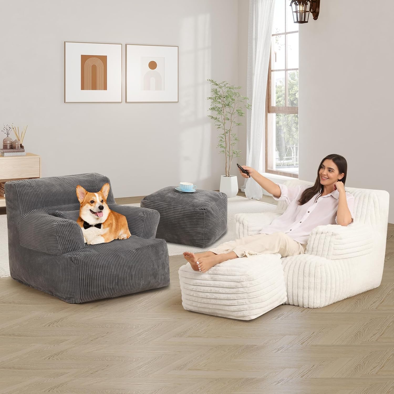 MOMCAYWEX Comfy Gaint Bean Bag Chair with Ottoman, Fluffy Huge Bean Bag Armchair for Adults and Teens, Cream