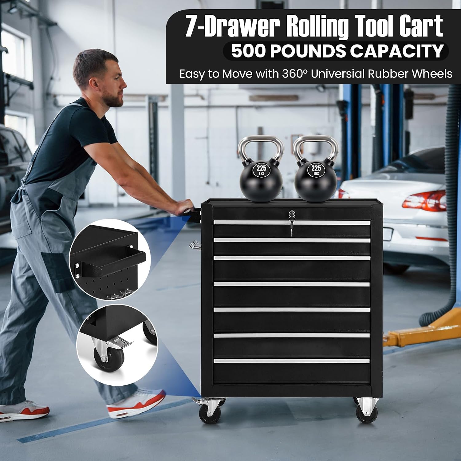 7-Drawer Rolling Tool Chest with Wheels,Tool Cabinet on Wheels with Keyed Locking,Multifunctional Tool Cart on Wheels,Tool Storage Organizer Cabinets for Garage,Warehouse, Repair Shop (Black)