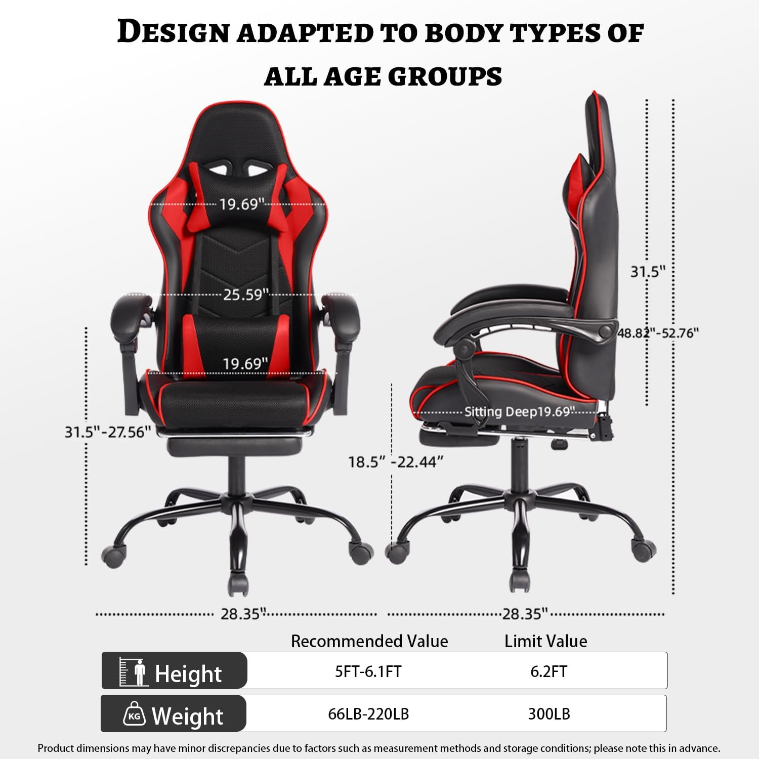 450lbs Big and Tall Gaming Chair with Footrest – Heavy Duty Wide Seat Video Game Chair for Adults, Reclining PU Leather High Back Computer Office Desk Chair with Lumbar Support (Model F, Black+Red)