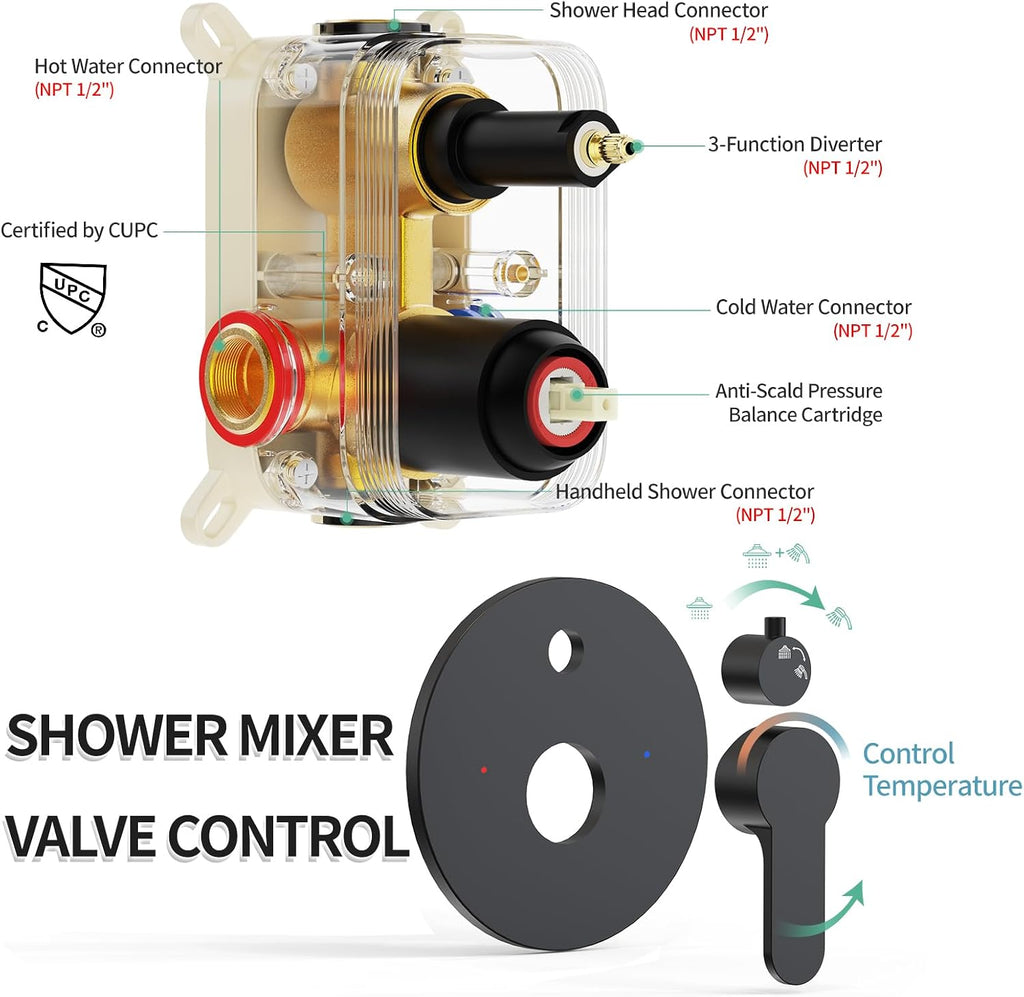 SR SUN RISE 12 Inch Slide Bar Shower System, Round Shower Faucets Sets Complete Rain Shower head and 6-Spray Handheld Combo, Wall Mounted Dual Shower Faucet Included Valve and Trim Kit, Matte Black