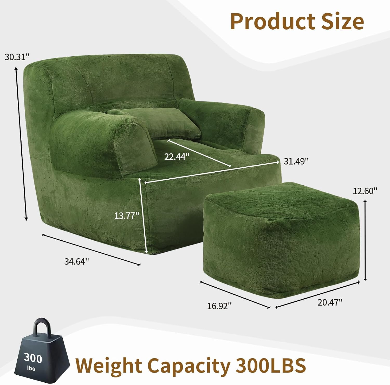 MOMCAYWEX Comfy Gaint Bean Bag Chair with Ottoman, Huge Bean Bag Armchair for Adults and Teens, Green