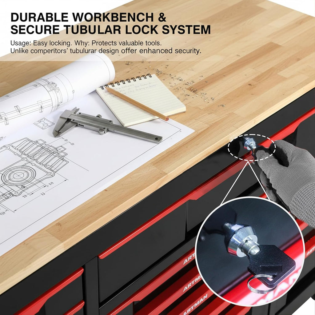 72 Inch Tool Box, Rolling Tool Chest Workbench with 19-Drawers & Locking Cabinets, Heavy-Duty Mobile Workbench with Wood Top, Pro Garage Organization Cabinets & Storage System