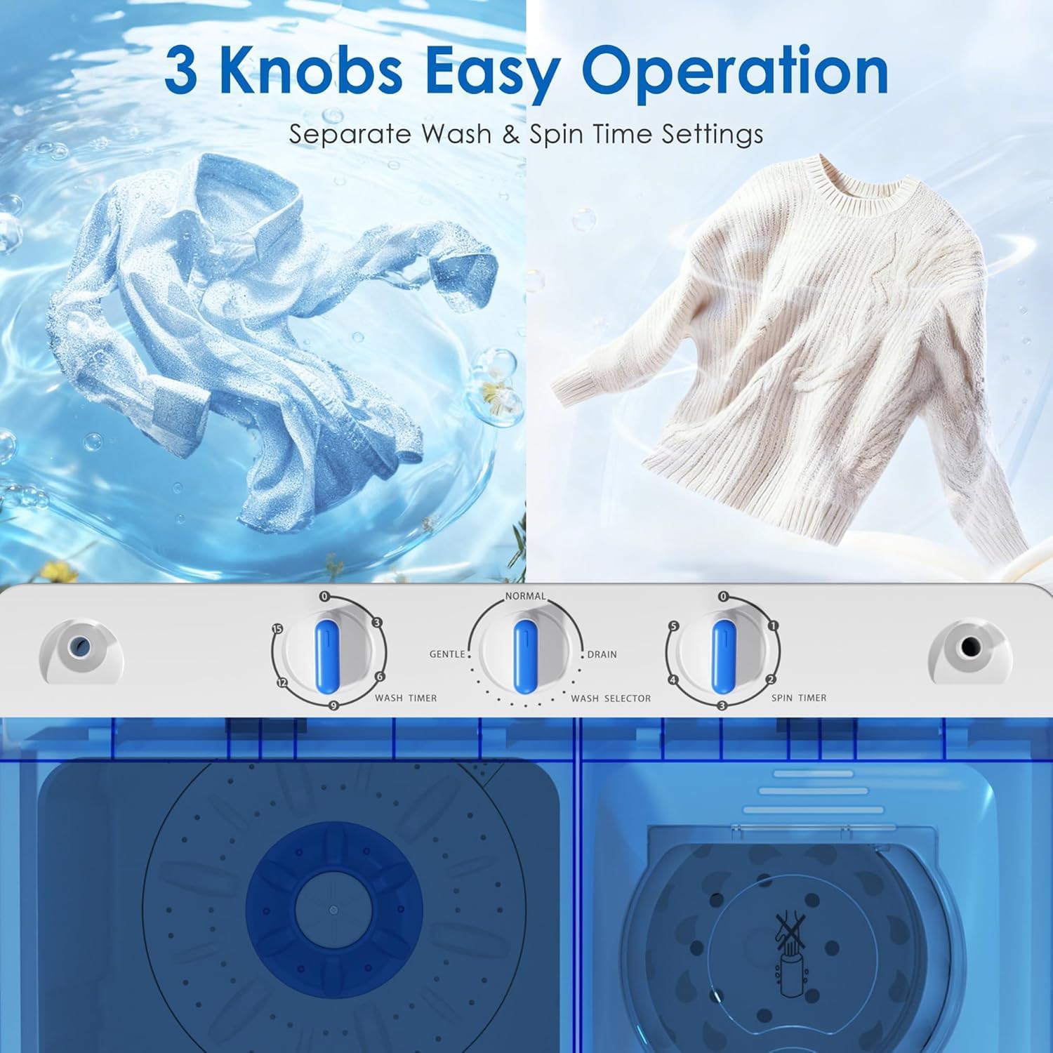 28lbs Portable Twin Tub Washing Machine & Spin Dryer Combo-Silver Ion Deep Cleaning, Dual Timer Control, Gentle/Normal Modes, Mini Laundry for Apartment, Dorm, RV, Camping (Blue)