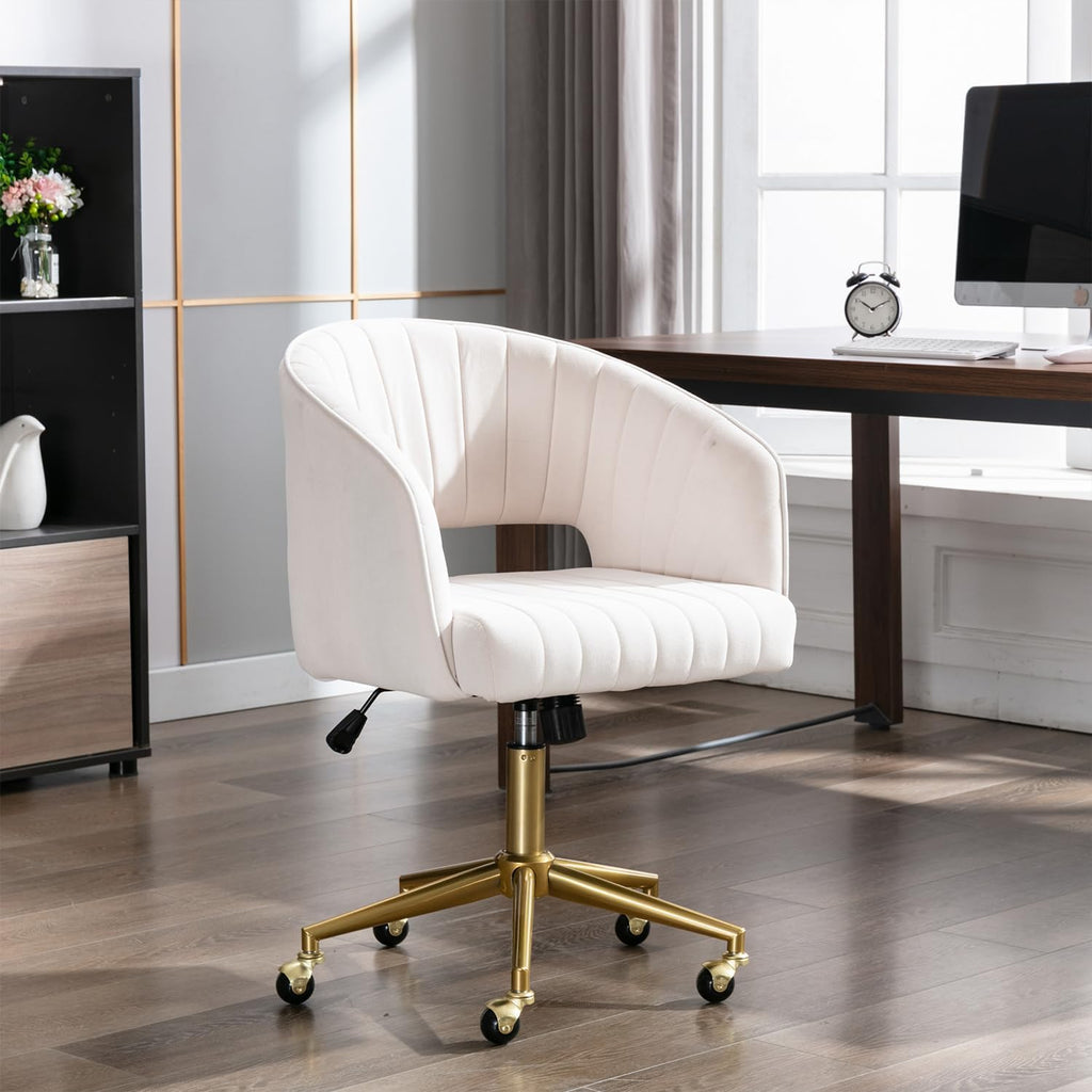 Eifizek Velvet Office Desk Chair, Modern Home Desk Chair with Wheels & Gold Base, Swivel Vanity Chair for Bedroom, Office, Living Room Vanity Study (Ivory)