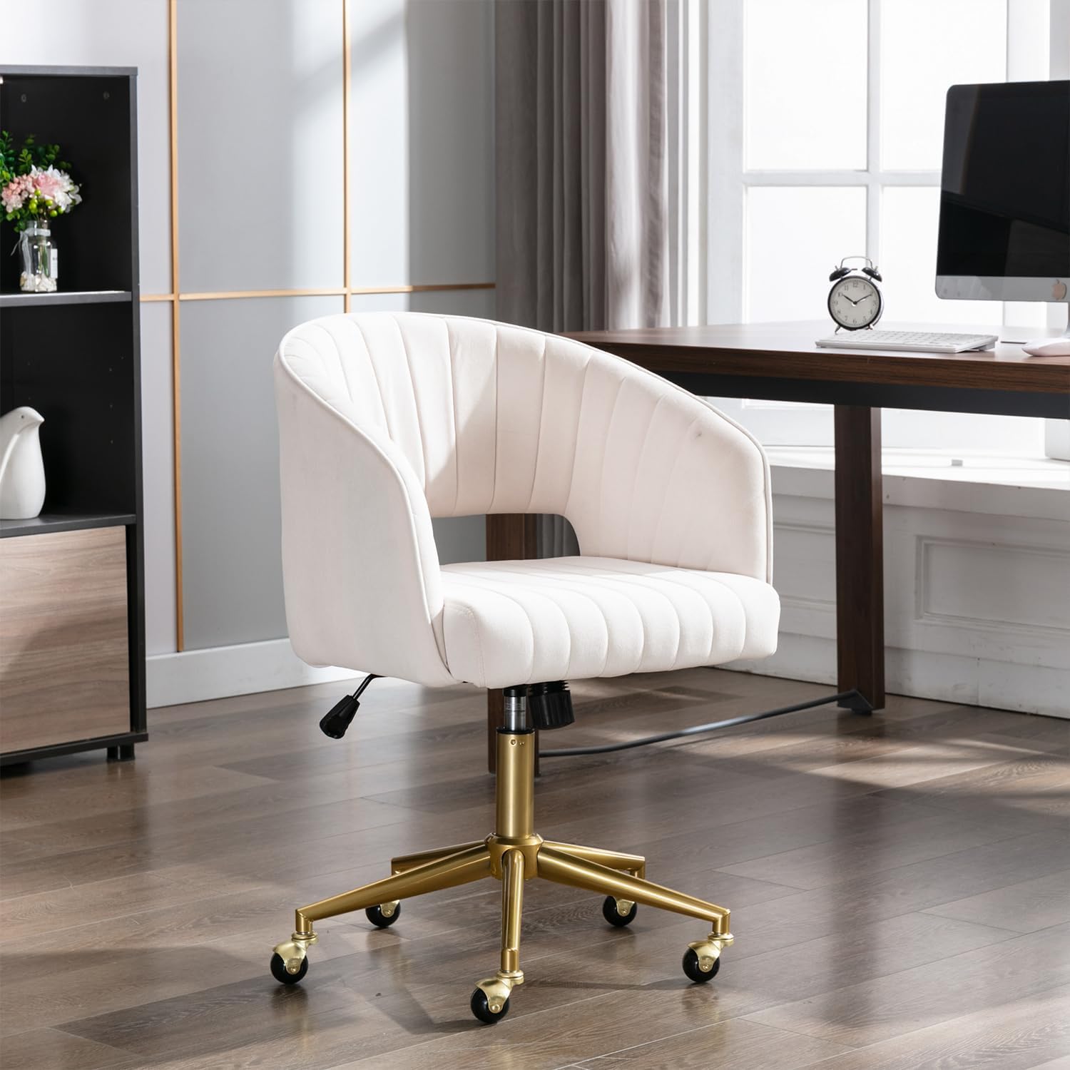 Eifizek Velvet Office Desk Chair, Modern Home Desk Chair with Wheels & Gold Base, Swivel Vanity Chair for Bedroom, Office, Living Room Vanity Study (Ivory)