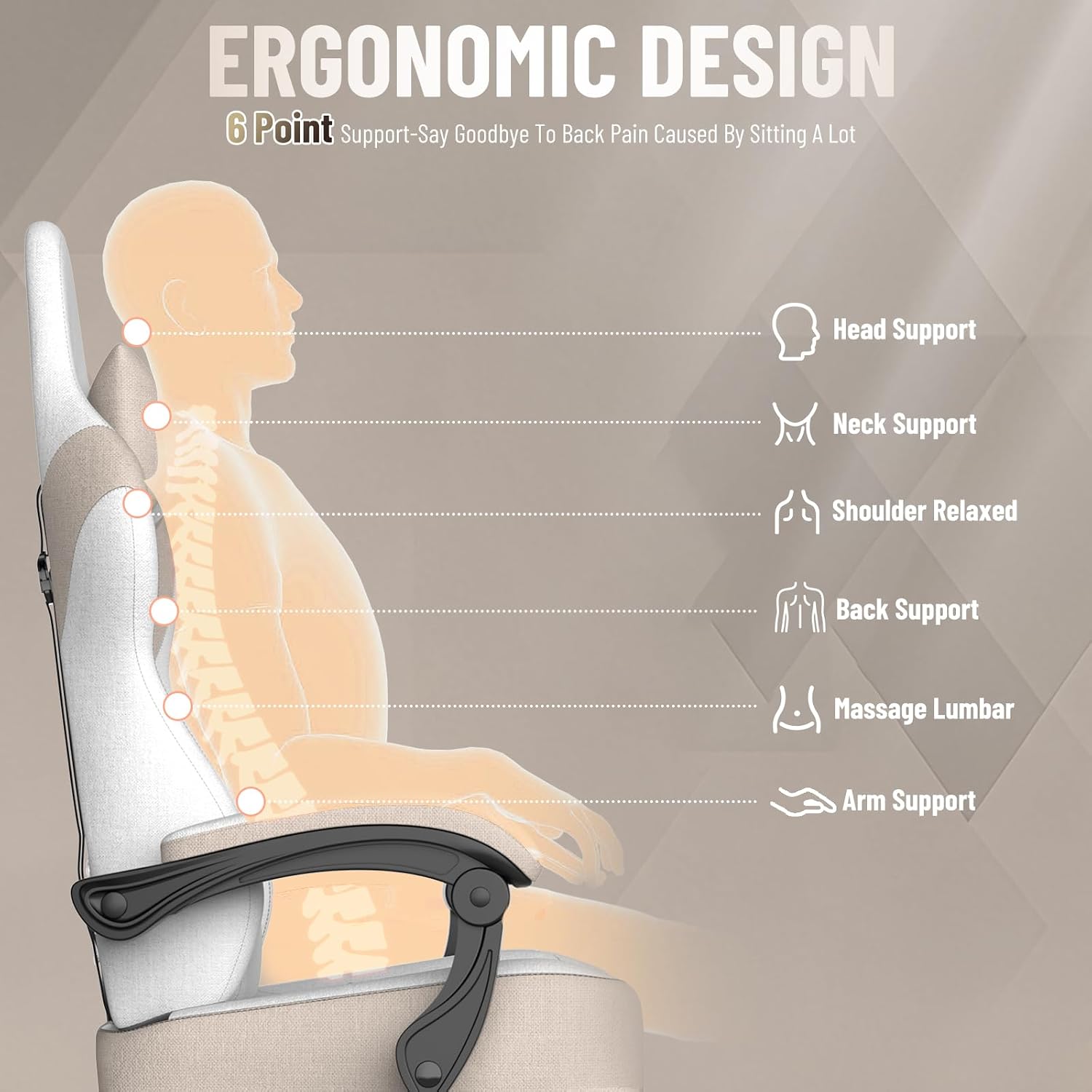 Soontrans Linen Fabric Gaming Chair Beige/Coffee with Footrest, Ergonomic Computer Chair with Massage,Gamer Chair with Adjustable Headrest, Comfortable Office Chair for Home & Gaming