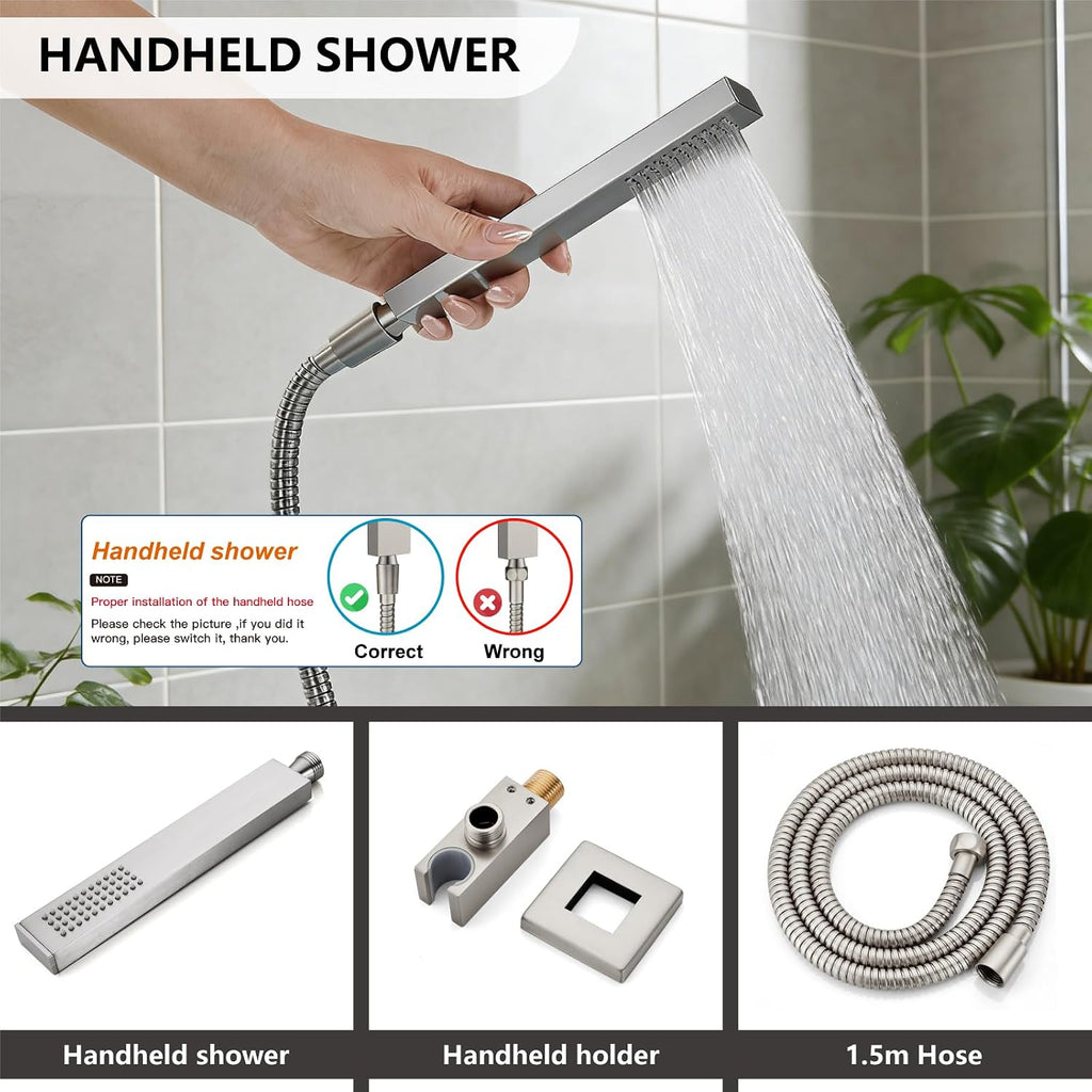 Midanya Shower System with Tub Spout,Bathtub Shower Faucet Set with Square Rainfall Head and Handheld Sprayer Wall Mount Tub Faucet Set with Valve and Trim Kit,12 Inch Brushed Nickel