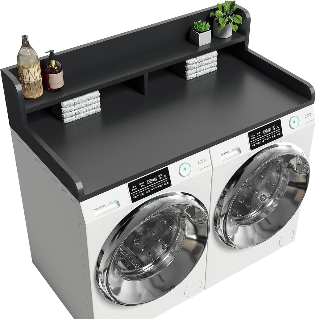 2-Tier Washer Dryer Countertop with 2.75'H Edge Rails, 54' W x 27.55' D Laundry Countertop for Folding Clothes, Washer and Dryer Topper with Non-Slip Pad (Black)
