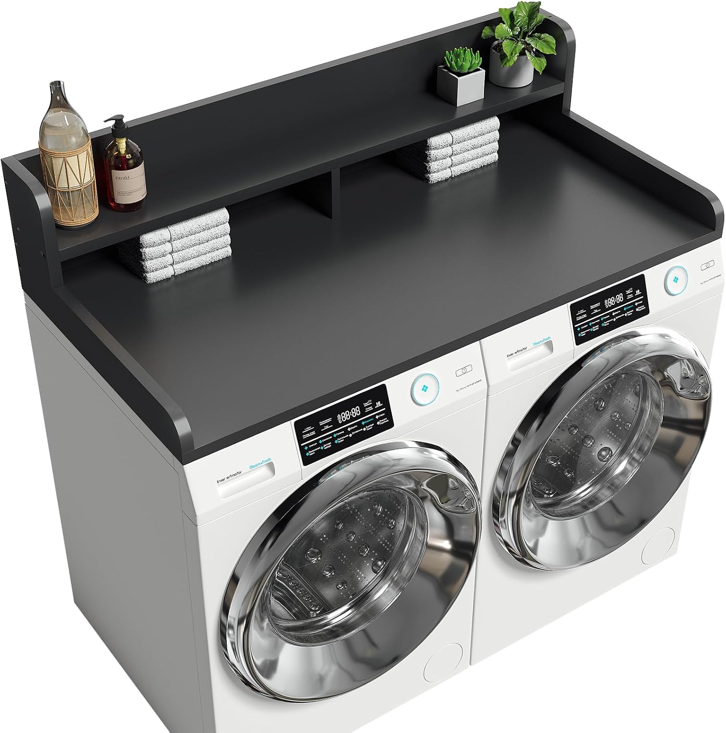 2-Tier Washer Dryer Countertop with 2.75'H Edge Rails, 54' W x 27.55' D Laundry Countertop for Folding Clothes, Washer and Dryer Topper with Non-Slip Pad (Black)