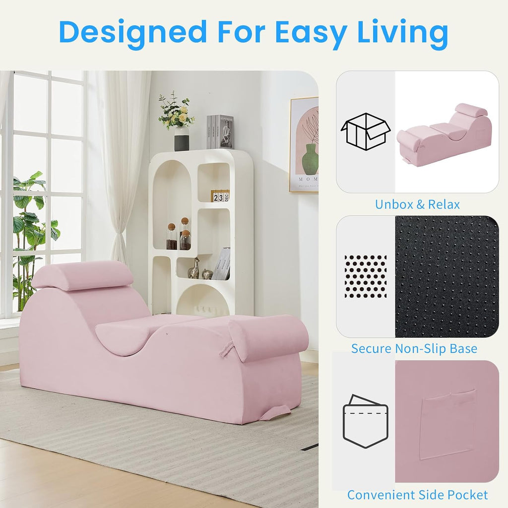 Ijuicy 25 Inch Yoga Stretching Recliner Chair, Soft Velvet Household Workout Training Chair, Indoor Leisure Lounge Chair with Headrest and Movable Footrest for Body Stretching & Daily Relaxation, Pink