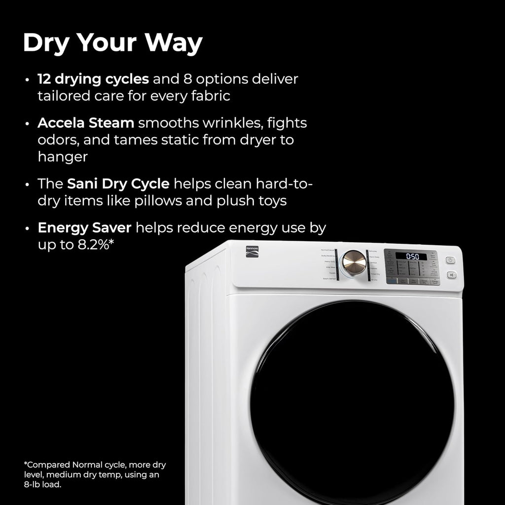 Kenmore 8.0 cu. ft. Front Load Electric Dryer with Wrinkle Guard & Accela Steam to Reduce Wrinkles, Static & Odors - Smart Sensor Drying - LED - ENERGY STAR Certified - White