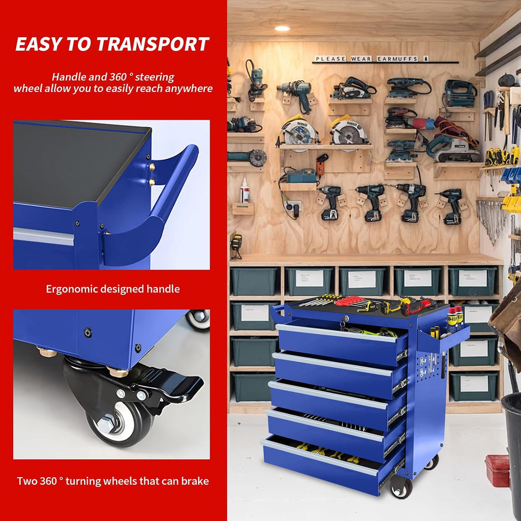 Rolling Tool Chest with Wheels, 5 Drawers Tool Storage Cabinet, Portable Metal Tool Box Organizer with Lock, Tool Cart on Wheels Toolbox Workbench for Garage, Workshop, Warehouse(Required Assembly)
