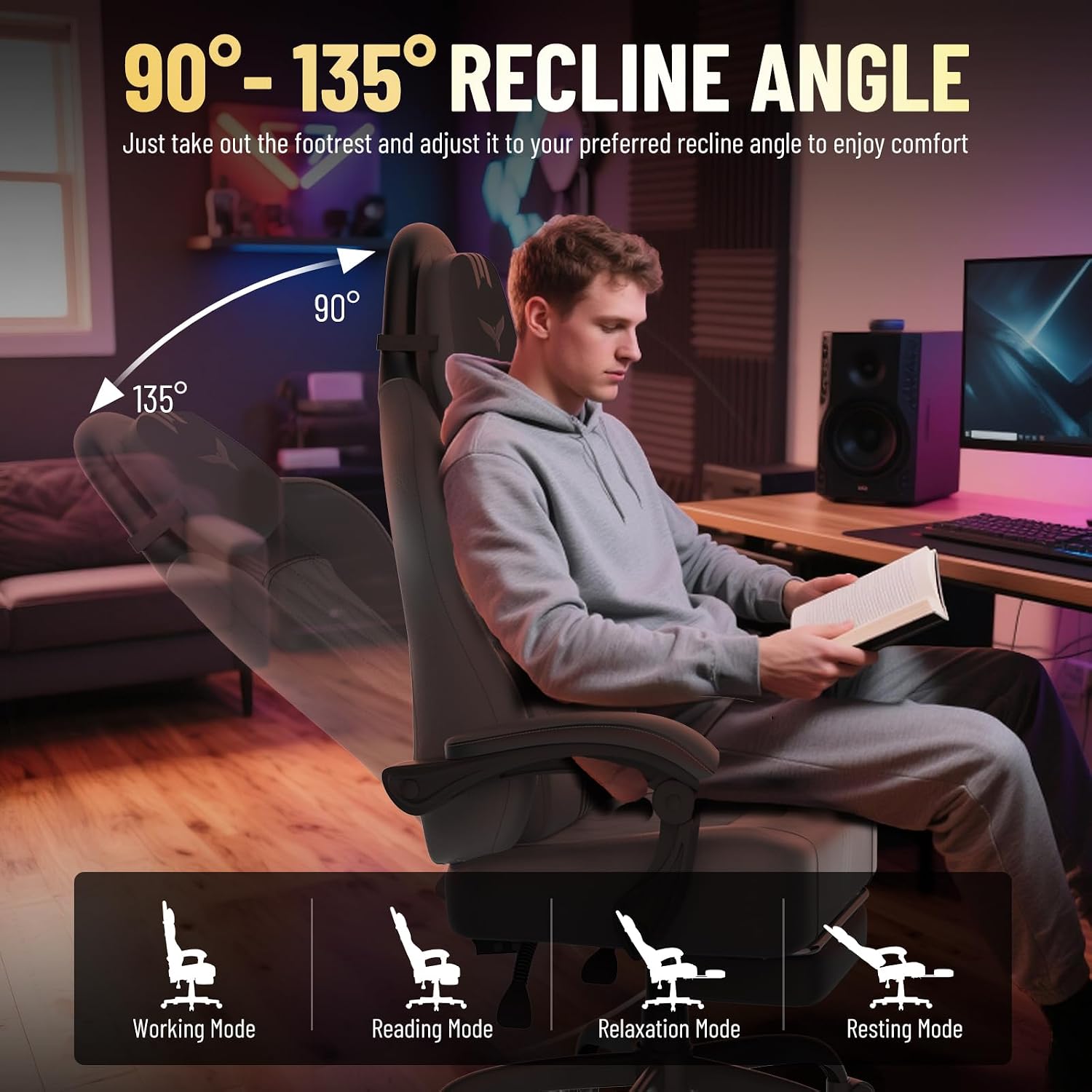 Ferghana PU Leather Gaming Chair with Wider Seat Cushion, Diamond Double-Stitching Ergonomic High Back Game Chair with Footrest, Computer Chair with Massage Lumbar Support for Adult, Gray/Black