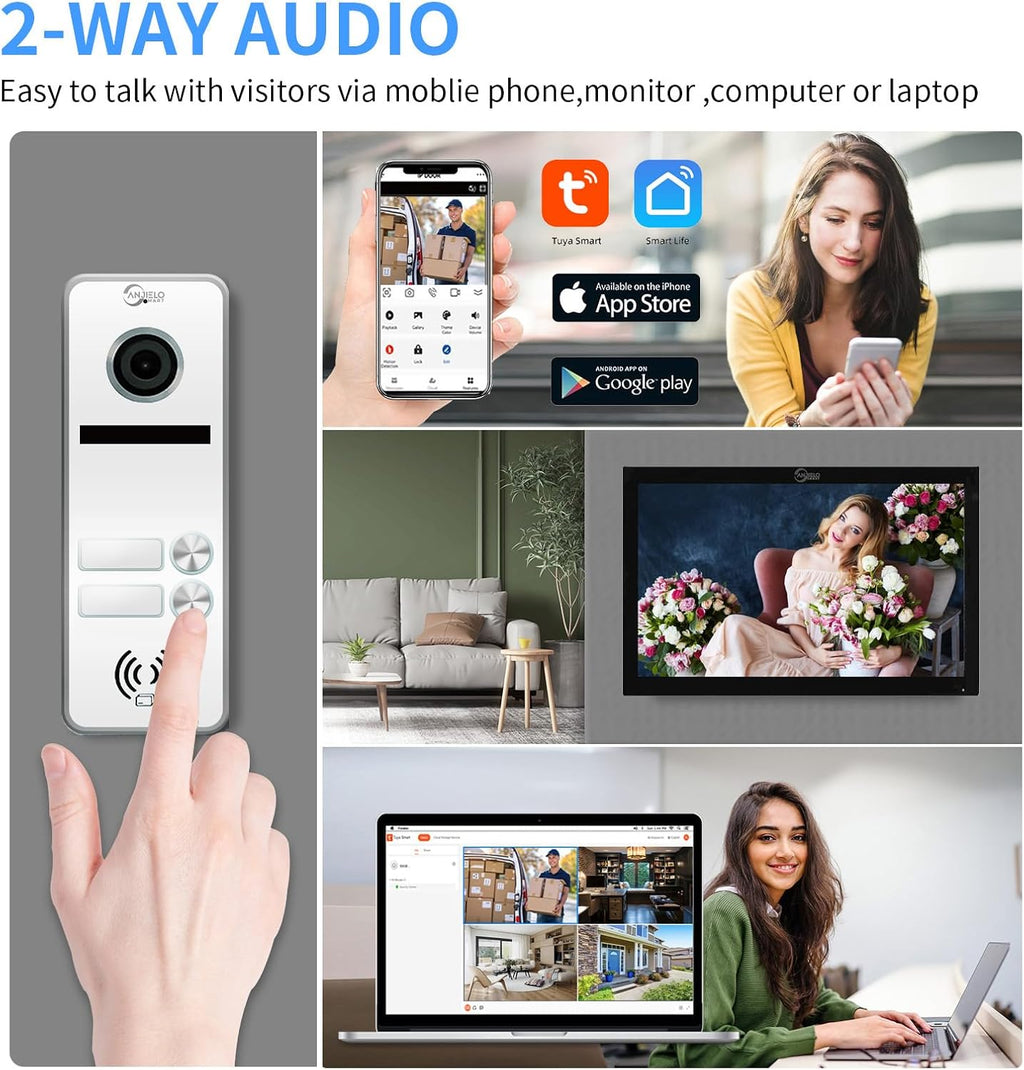 Wired Apartment Video Intercom System 2 Units 10 Inch Touch Monitor Wireless WiFi Video Doorbell,Video Door Phone Kit, Monitoring,3 in 1 Unlock,Dual Way Audio for Home (White doorbell+Black Monitor)