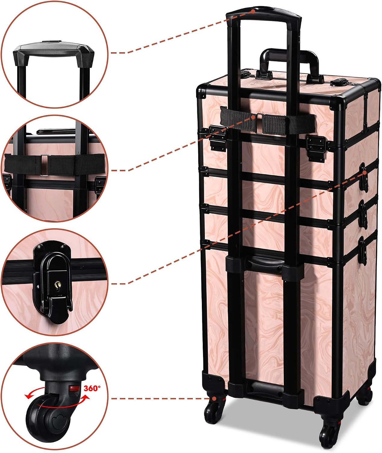 BYOOTIQUE Rolling Makeup Train Case Trolley w/Cube Case Cosmetic Organizer Pink