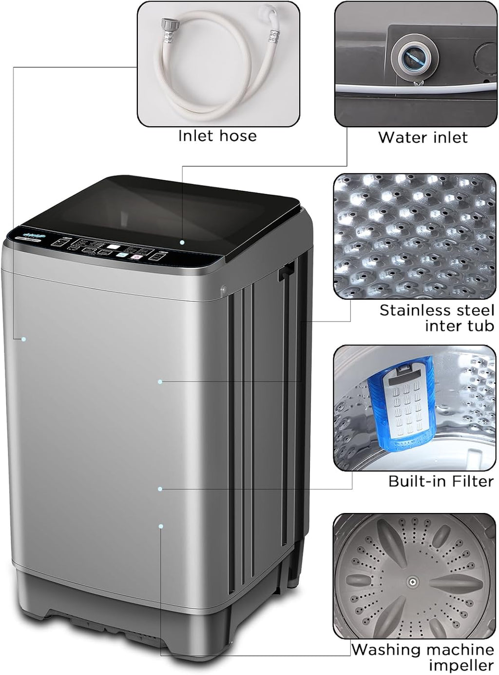 KRIB BLING Full Automatic Washing Machine with LED Display, 25 lbs Washer Drain Pump, 10 Programs & 8 Water Levels Selections, Ideal for Apartment, Dorm, Grey