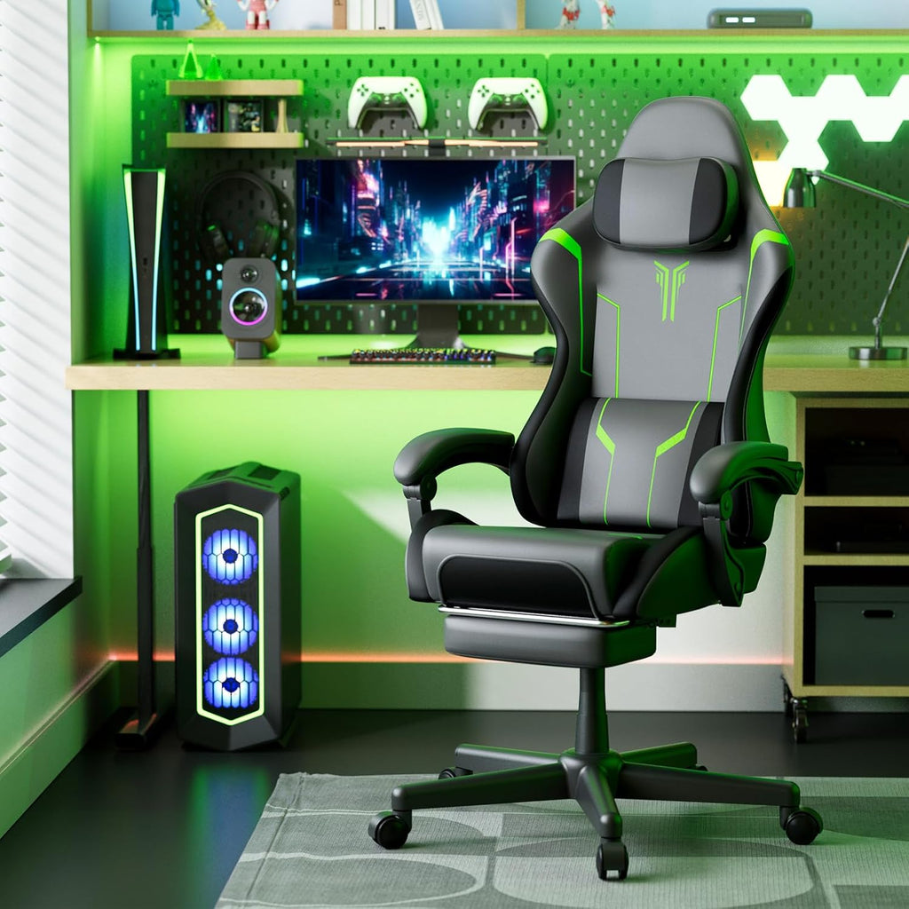 Ferghana Gaming Chair, PU Leather Ergonomic Computer Chair with Massage Lumbar Support, High Back Office Game Chair with Footrest and Linkage Armrest for Adult, Grey/Black/Green