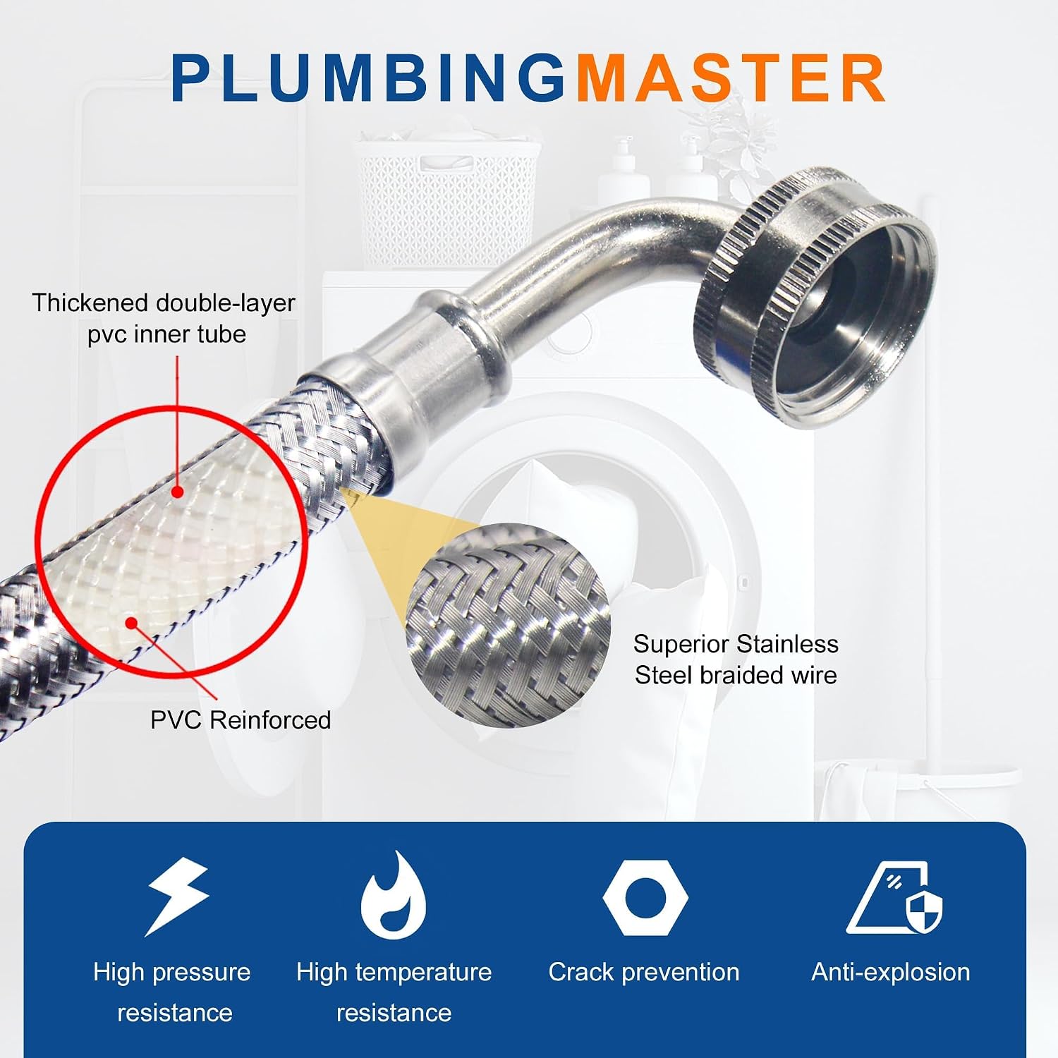 （40 Pack）PLUMBINGMASTER 6Ft Washing Machine Hoses, Washer Hoses with 90 Degree Elbows Universal Stainless Steel Washing Machine Supply Lines Braided Washer Hoses for Washing Machine 20 Pairs