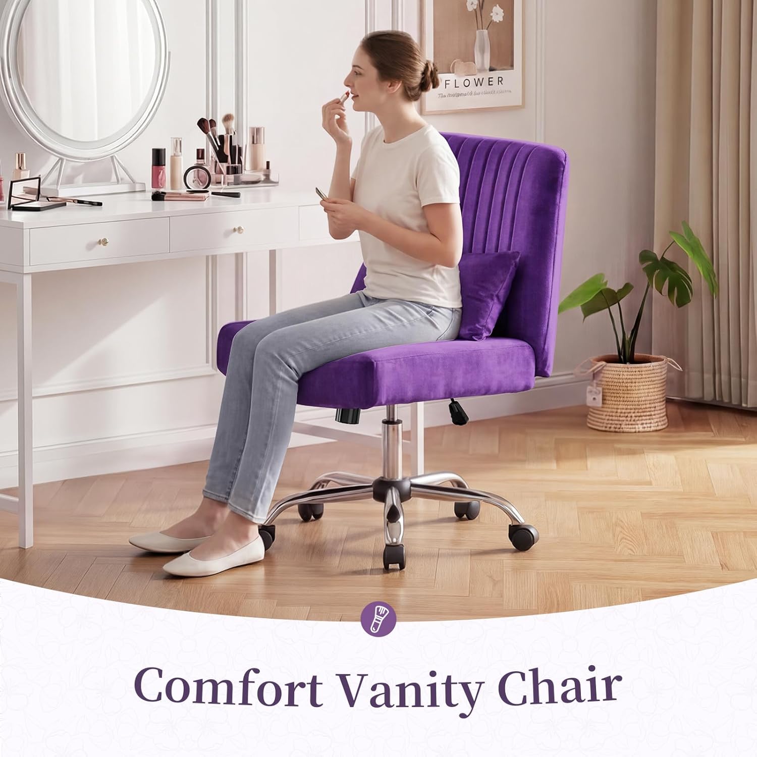 Criss Cross Chair with Wheels, Velvet Cross Legged Office Chair, Comfy Desk Chair for Home Office, Ergonomic Computer Chair, Wide Seat Vanity Chair, Birthday Gift for Women, Velvet Plum Purple