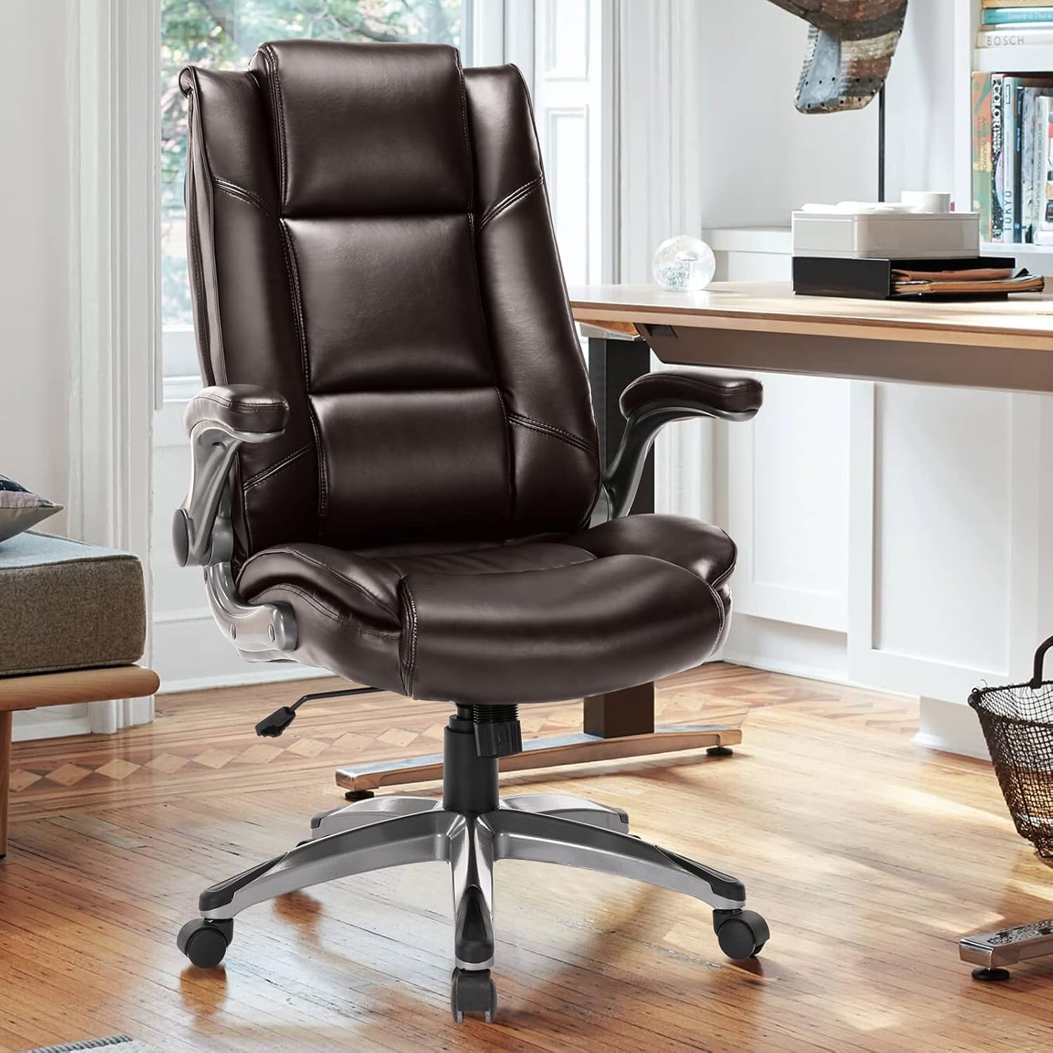 COLAMY Leather Executive Office Chair Set of 2 - High Back Ergonomic Home Computer Desk Chair with Padded Flip-up Arms, Adjustable Tilt Lock, Swivel Rolling Chair for Adult Working Study, Brown