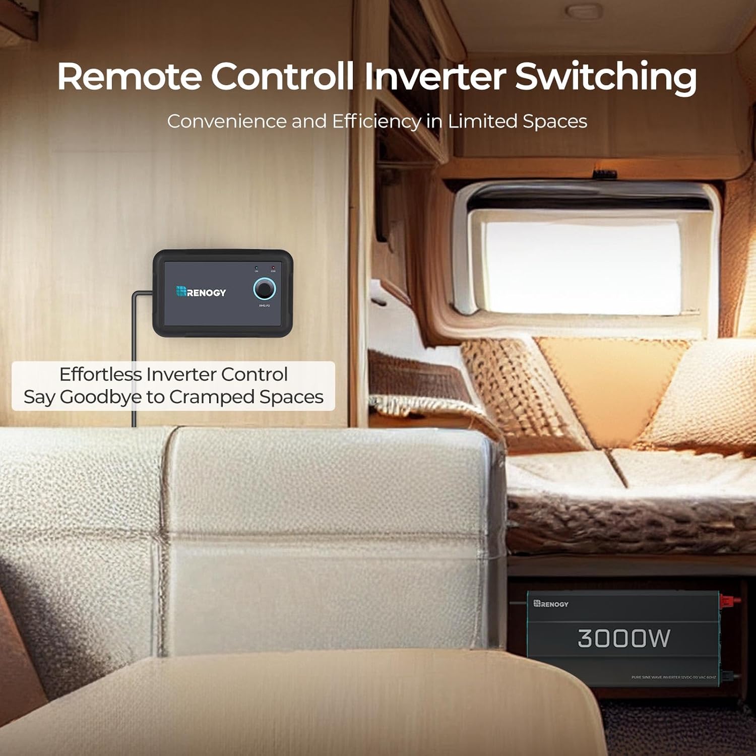 Renogy Inverter P2 3000 watt Pure Sine Wave Inverter, Solar Car Power Inverter 12V to 120V AC Converter for RV, Truck, Camping, Home Backup, Outdoor, Emergency, Off-Grid Living, 16.4FT Remote Control