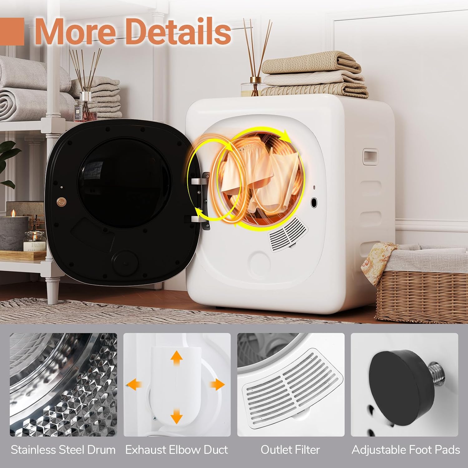 COSTWAY Portable Clothes Dryer, 1.5 cu.ft Compact Drying Machine with Stainless Steel Tub & LED Touch Panel, 800W Electric Laundry Dryer with Intelligent Programs for Apartment, Home, Dorm & RV, White