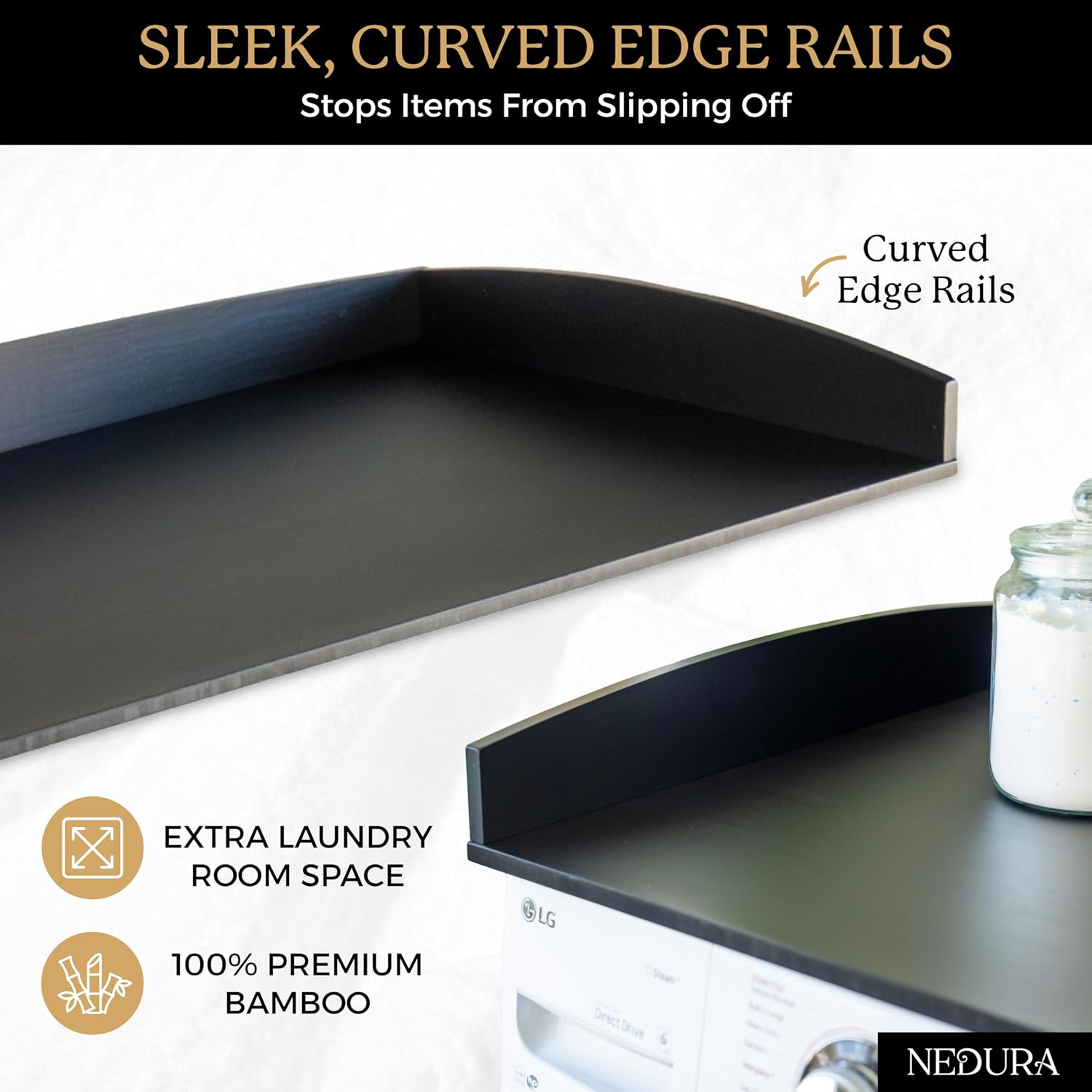 Nedura Washer Dryer Countertop w/Anti-Vibration Pads & Curved Edge Rails, Premium Bamboo Laundry Countertop, Washer Dryer Topper, Laundry Room Organization, Laundry Accessory, Designed in USA - Black