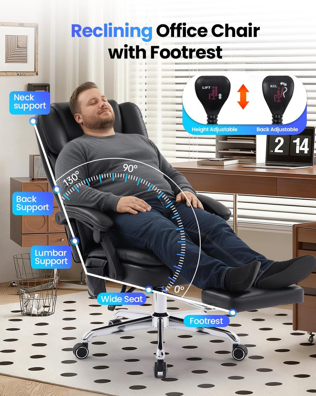 500LBS Big and Tall Office Chair with 3D Kneading Massage Lumbar Support, Office Chairs for Back Pain Relief, Ergonomic Comfort 130° Reclining Desk Chairs Managerial Chairs for Heavy People