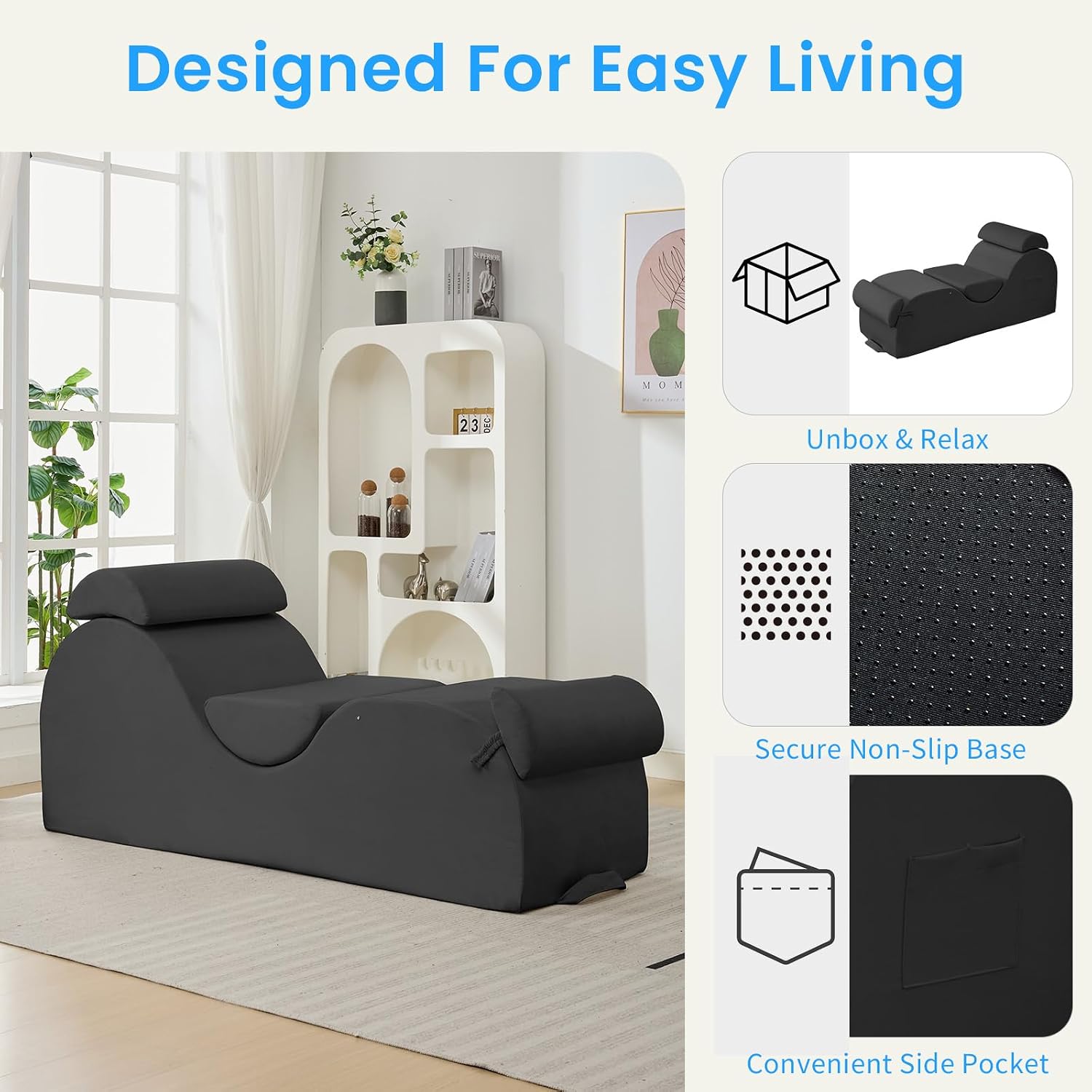 ijuicy 25 Inch Yoga Stretch Chair, Velvet Household Fitness Training Chair, Indoor Relaxation Recliner with Headrest & Adjustable Footrest, Dark Grey