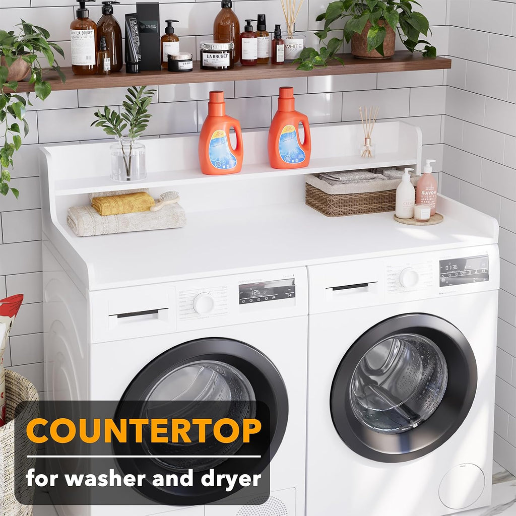 SpaceAid Washer Dryer Countertop with 2-Tier Shelf, Wood Topper with Edge, 54' Width x 27.5' Depth Cover Organizer Guard for Washer and Dryer Counter Laundry Hamper Storage (White)