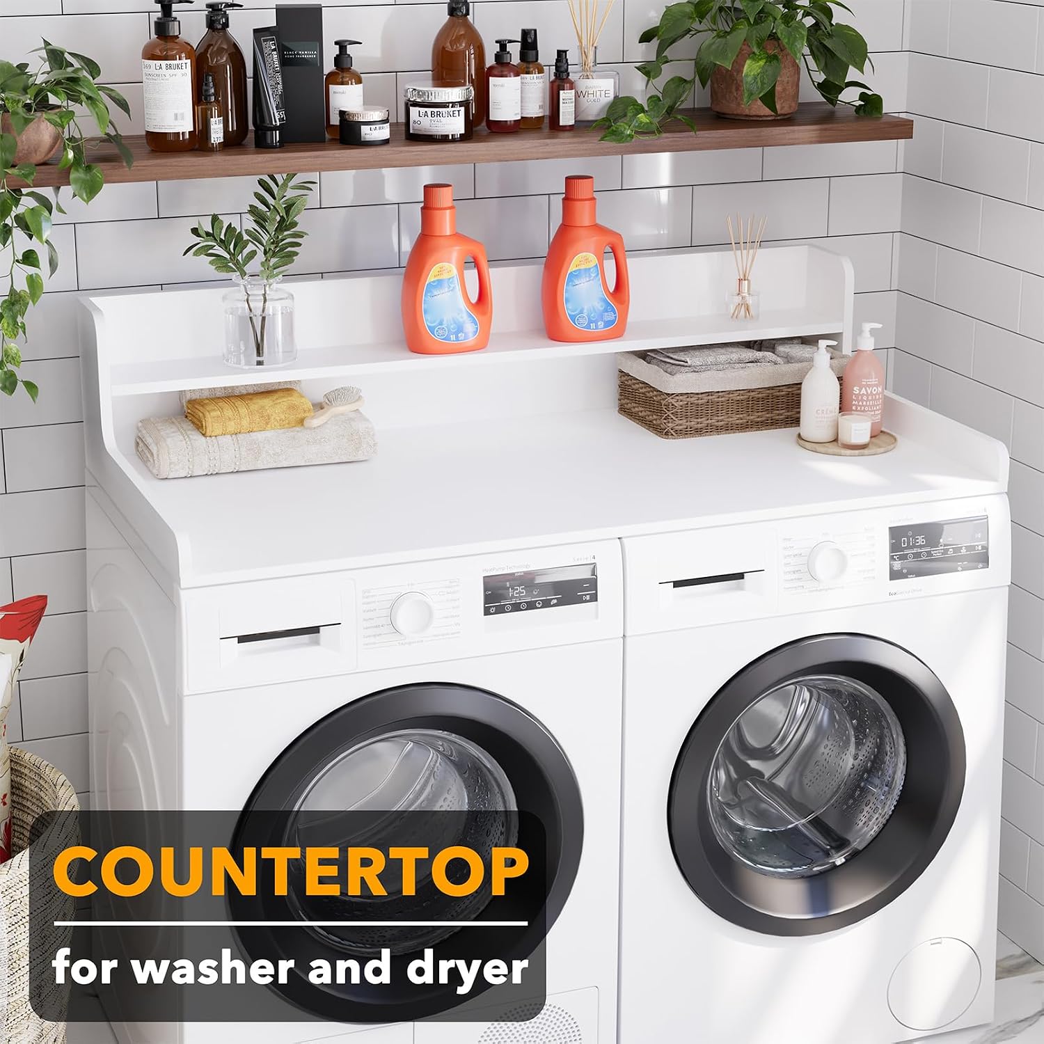 SpaceAid Washer Dryer Countertop with 2-Tier Shelf, Wood Topper with Edge, 54' Width x 27.5' Depth Cover Organizer Guard for Washer and Dryer Counter Laundry Hamper Storage (White)