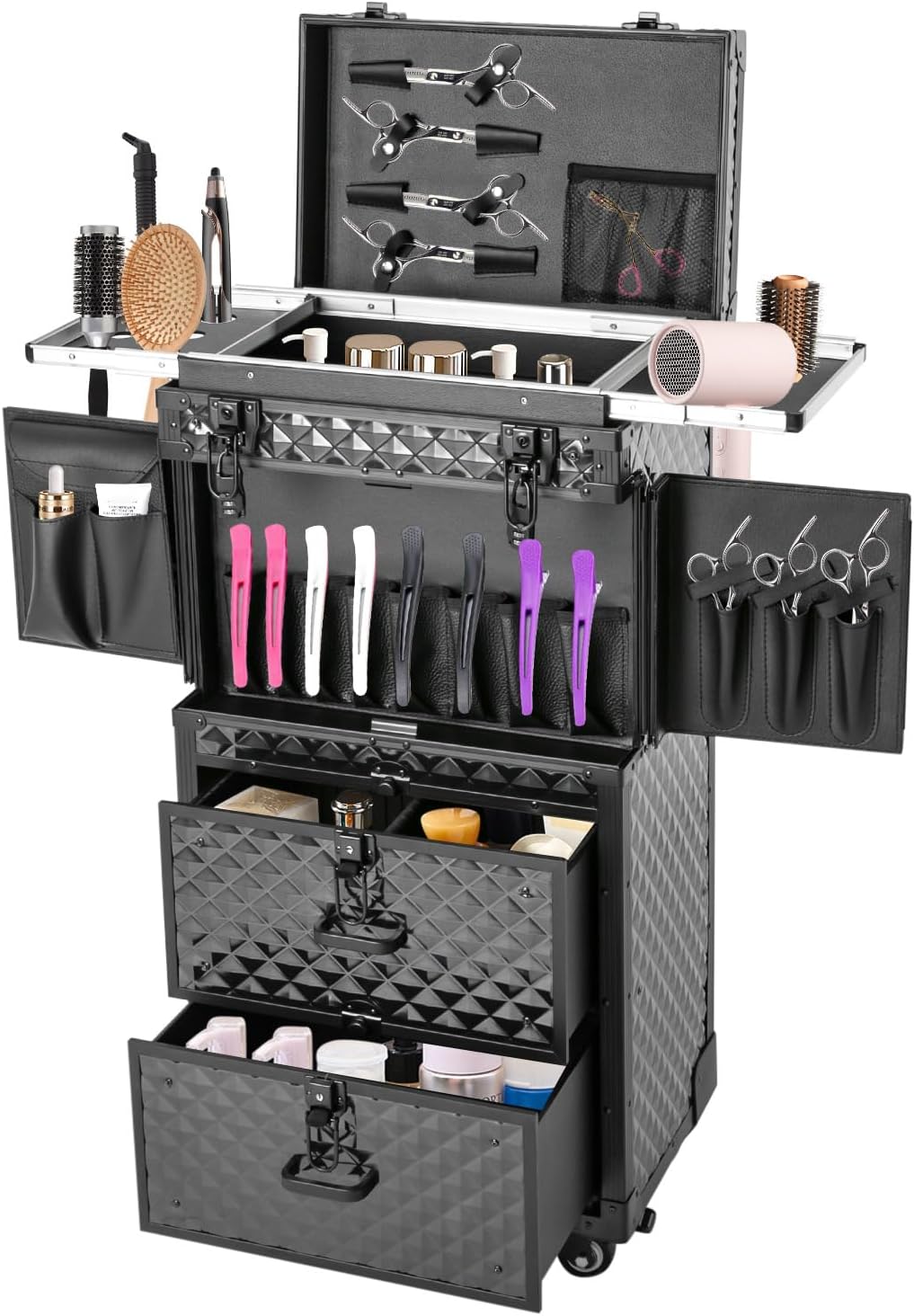 Professional Rolling Lockable Makeup Train Case on Wheels, Hairdressing Trolley Stylist Beauty Salon Cosmetic Luggage Travel Organizer Tool Box for Make-Up Artist, Hairstylist, Nail Artist