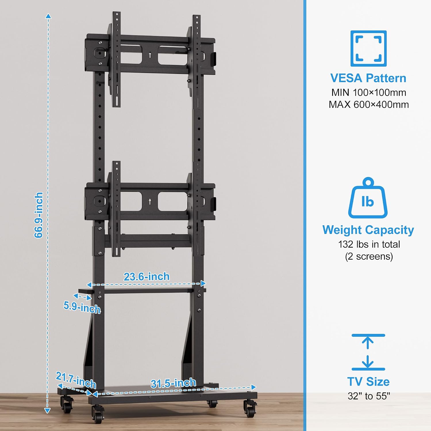 Rolling Dual TV Stand, Mobile TV Cart for Two 32-55 inch TVs with Storage and Lockable Wheels, Height Adjustable Portable TV Stand with Tilt Mount, Holds up to 132 lbs, Max VESA 600x400mm