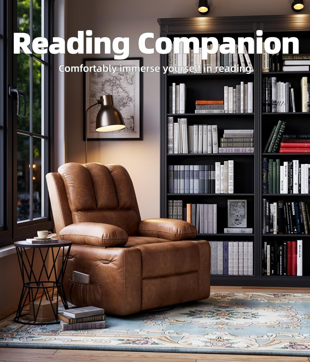 Oversized Recliner Chairs with Massage and Heat, Leather Recliner Chair for Adults, Manual Chair with Cup Holder for Living Room, Bedroom and Nursery (Coffee-1)