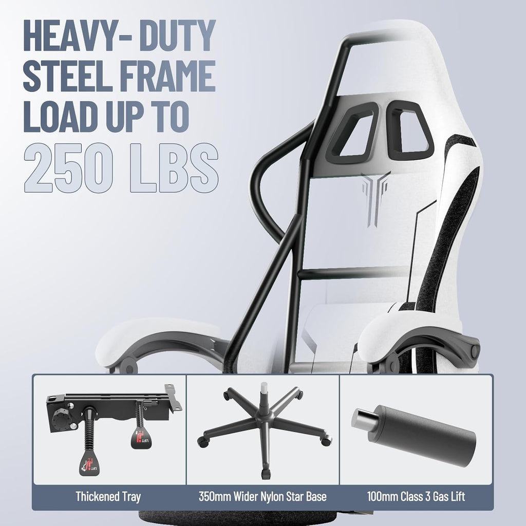 Ferghana Gaming Chair, Cloth Fabric Ergonomic Computer Chair with Massage Lumbar Support, High Back Office Game Chair with Footrest and Linkage Armrest for Adult, White/Black