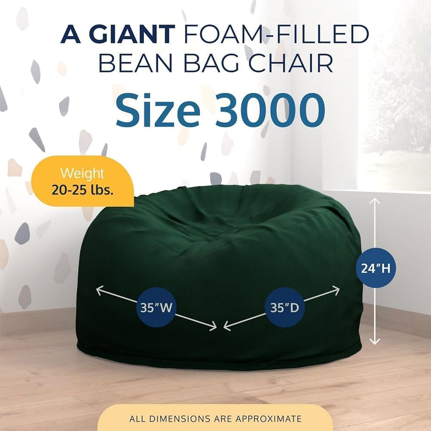ULTIMATE SACK 3000 3-Foot Bean Bag Chair, Hunter Suede Cover – Oversized Foam Lounger, Floor Seat, Small Sofa, or Couch Bed for Living Area, Gaming Room, or Reading Lounge