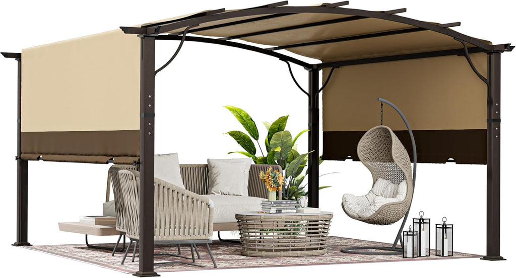 HAPPATIO 12' x12' Outdoor Retractable Pergola, Aluminum Pergola with Canopy Fixed in Various Positions, Arched Roof with Sun Shade Canopy Metal Frame for Backyards, Gardens, Patios (Brown)