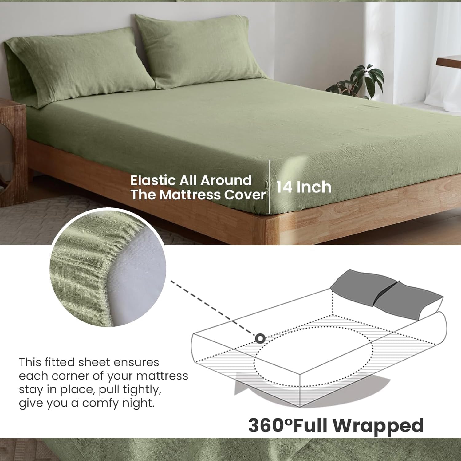 Simple&Opulence 100% Linen Sheet Set 4 Pieces Natural France Flax Bed Sheet (1 Flat Sheet, 1 Fitted Sheet, 2 Pillowcases) Breathable Luxury Hotel Bedding - Embroidery Sage Green, Queen Size