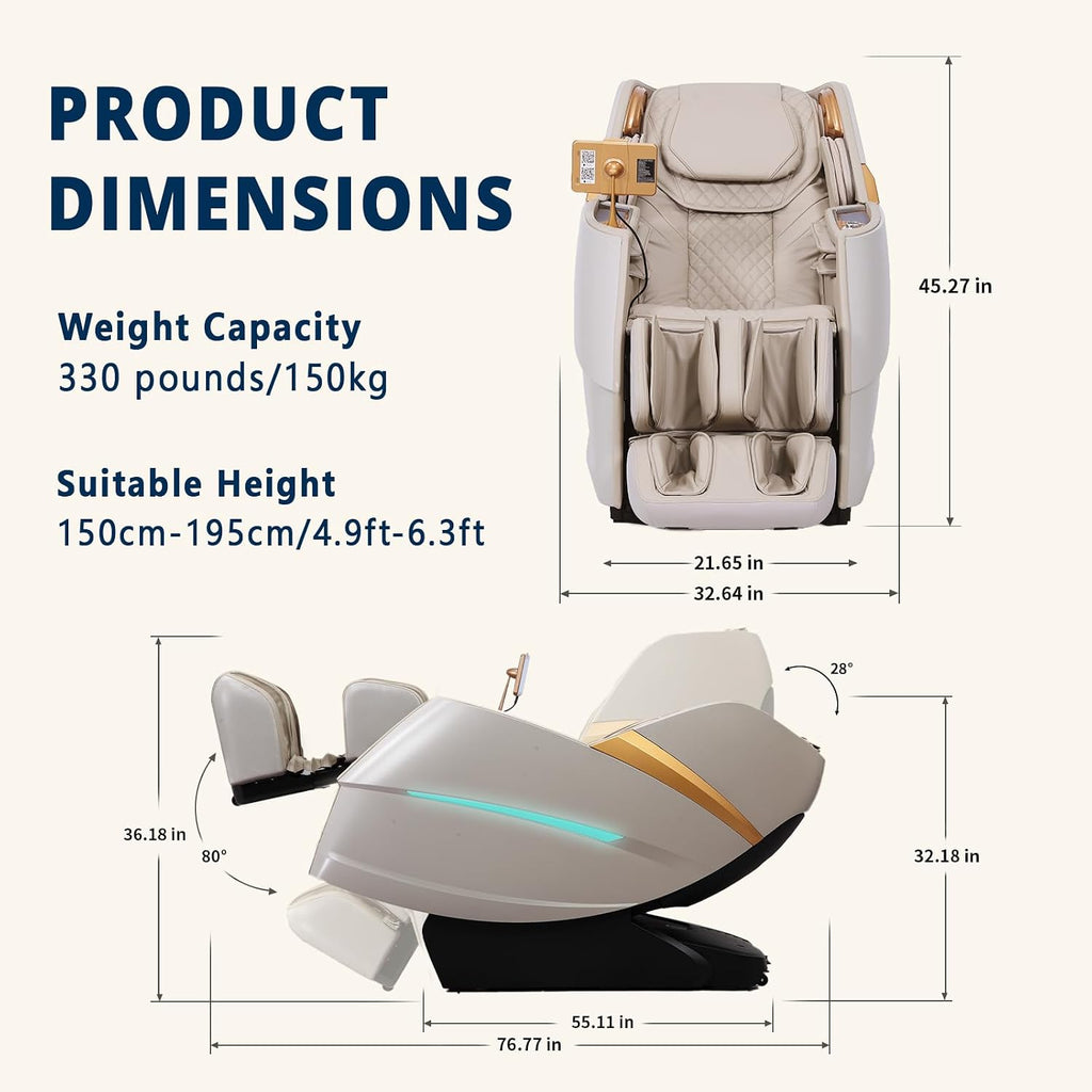HealthRelife 4D Massage Chair Full Body Zero Gravity Recliner - 55' SL-Track,20 Auto Modes,11 Massage Technique,40 Airbags Massage,with Yoga Stretch,APP Control,Negative Oxygen lons（Beige）