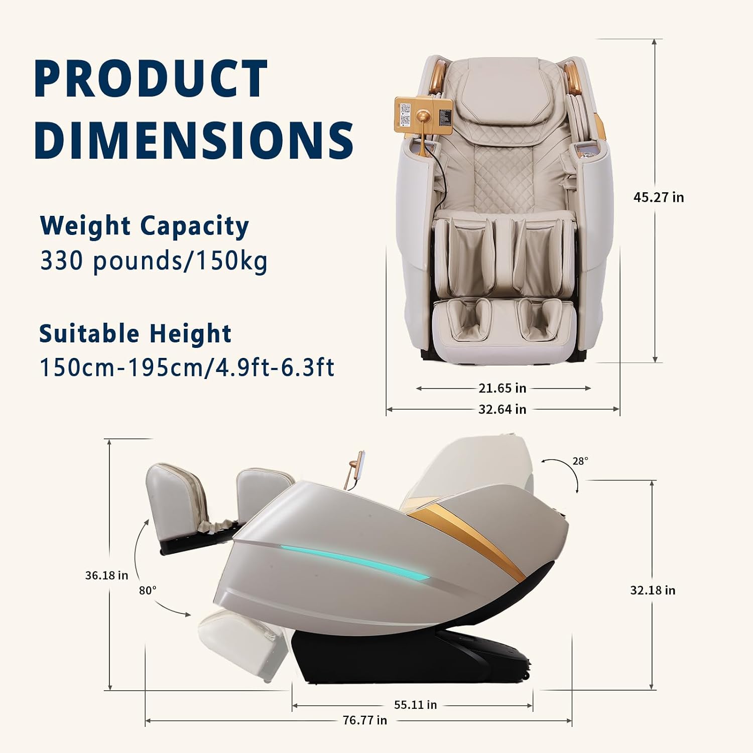HealthRelife 4D Massage Chair Full Body Zero Gravity Recliner - 55' SL-Track,20 Auto Modes,11 Massage Technique,40 Airbags Massage,with Yoga Stretch,APP Control,Negative Oxygen lons（Beige）