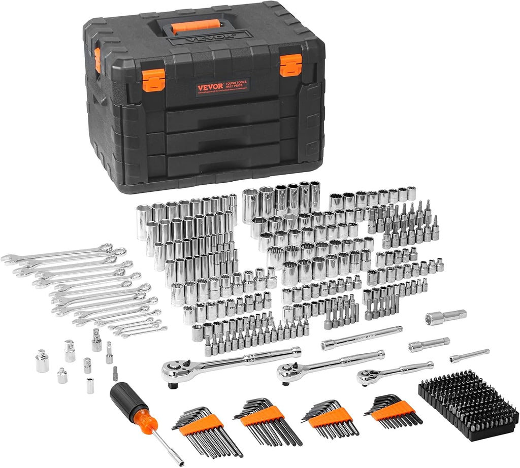VEVOR Mechanics Tool Set and Socket Set, 1/4' 3/8' 1/2' Drive Deep and Standard Sockets, 450 Pcs SAE and Metric Mechanic Tool Kit with Bits, Hex Wrenches, Combination Wrench, Accessories, Storage Case