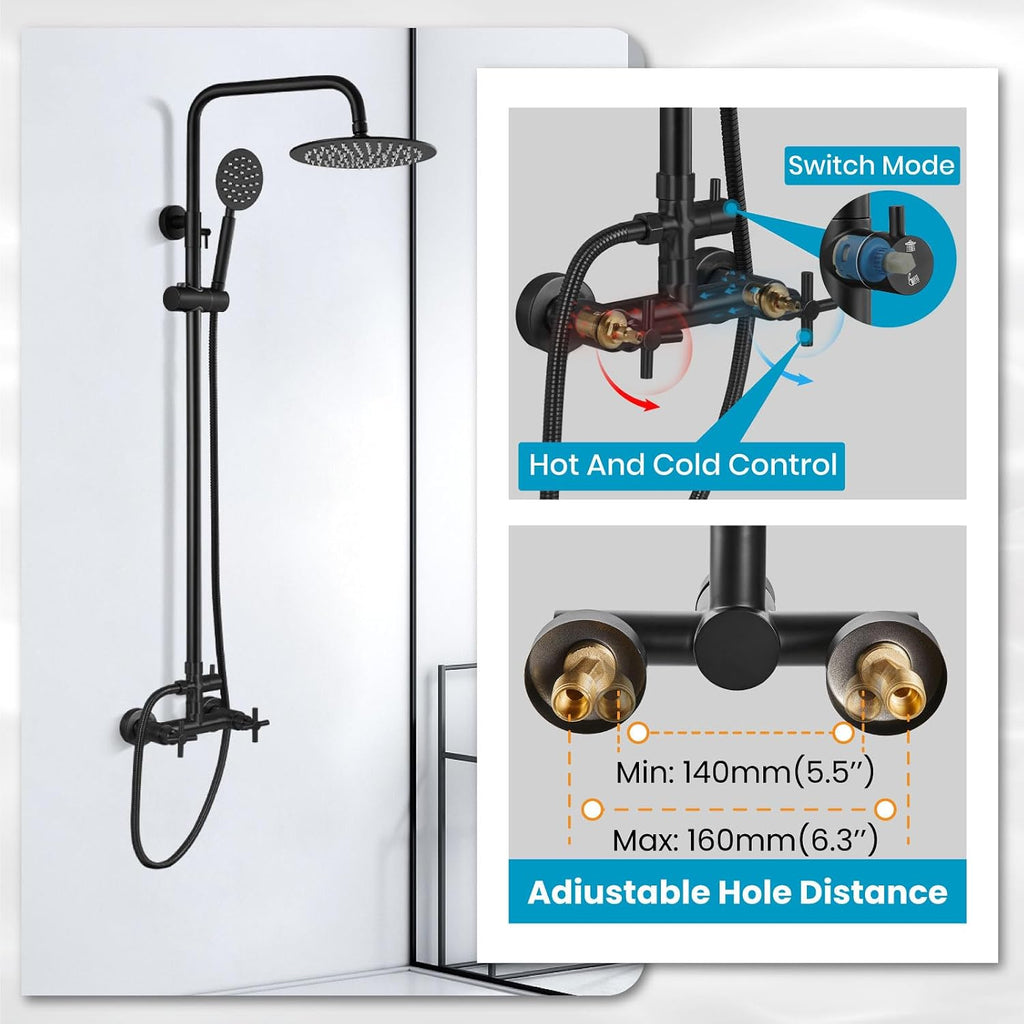 gotonovo SUS304 Outdoor Shower Fixture High Pressure Shower System Combo Wall Mount 2 Dual Function Shower Faucet Set Round Handheld Spray Matte Black Double Cross Handle