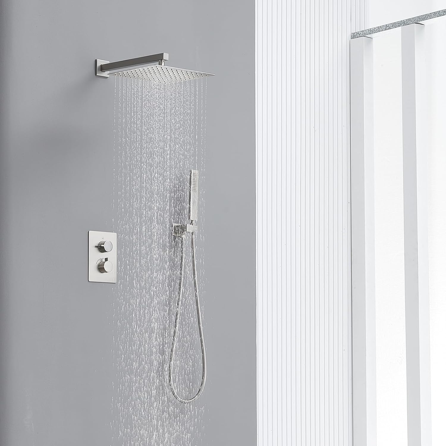 Iriber Thermostatic Shower System Wall Mount with 12 Inch Rainfall Shower Head and Handheld Bathroom Shower Set Contain Shower Faucet Mixer Valve Trim Kit (Valve Included),Brushed Nickel