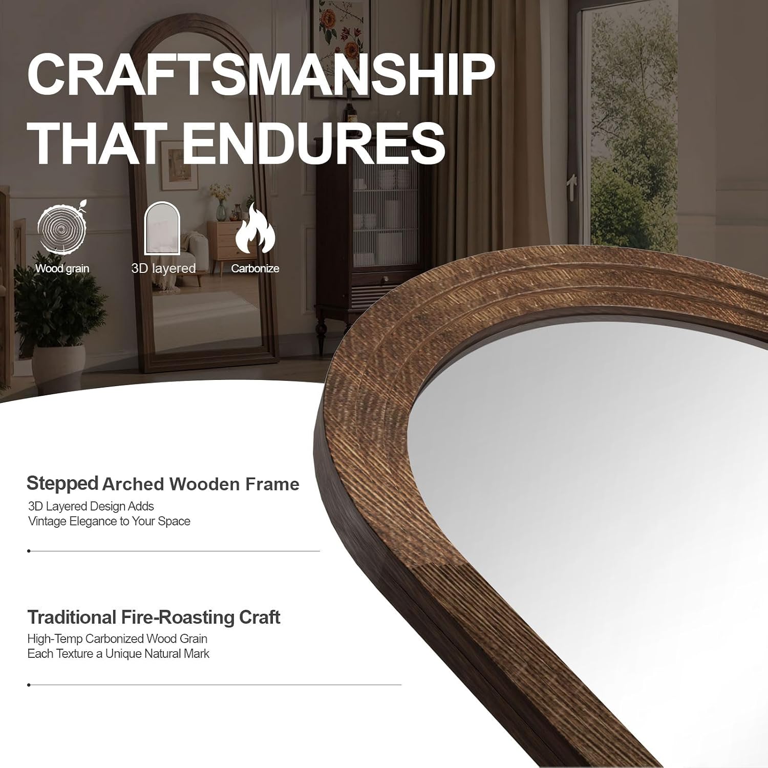 Delma Arched Full Length Floor Mirror with Stand, 55x24 Rustic Farmhouse Solid Wood Frame Wall Mirror for Bedroom, Living Room, Vertical Hanging & Standing(Brown)