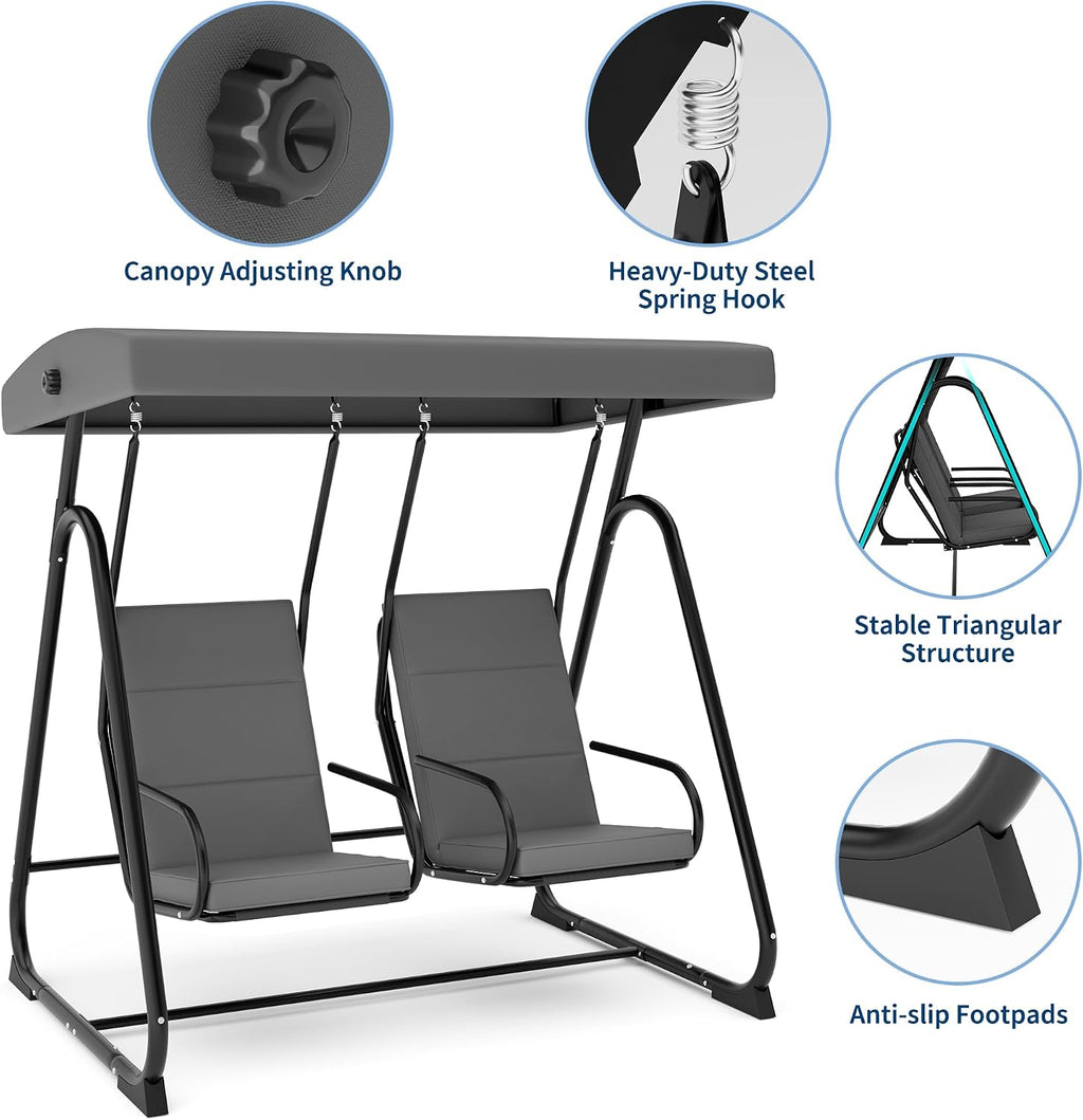 GarveeLife 2 Person Porch Swing Chair, Heavy Duty Outdoor Patio Swing Glider with Adjustable Canopy & Removable Cushions, Independent Swing Chairs for Garden, Balcony, Poolside, Backyard, Dark Grey