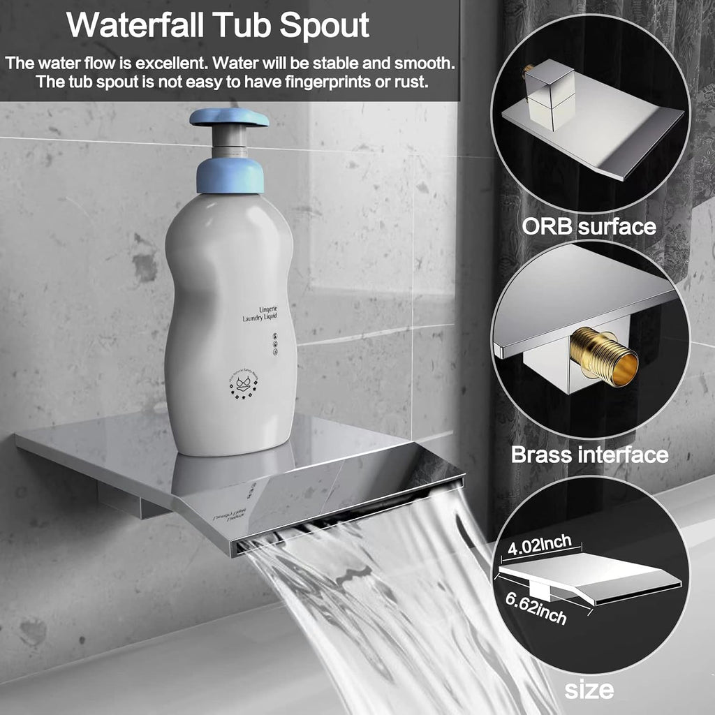 Shower System Rain Shower Faucet Set with Tub Spout,10 inch Bathroom Wall Mounted Waterfall Bathtub Faucet with Handheld Spray and Rough-in Valve Body and Trim kit,Chrome Polished