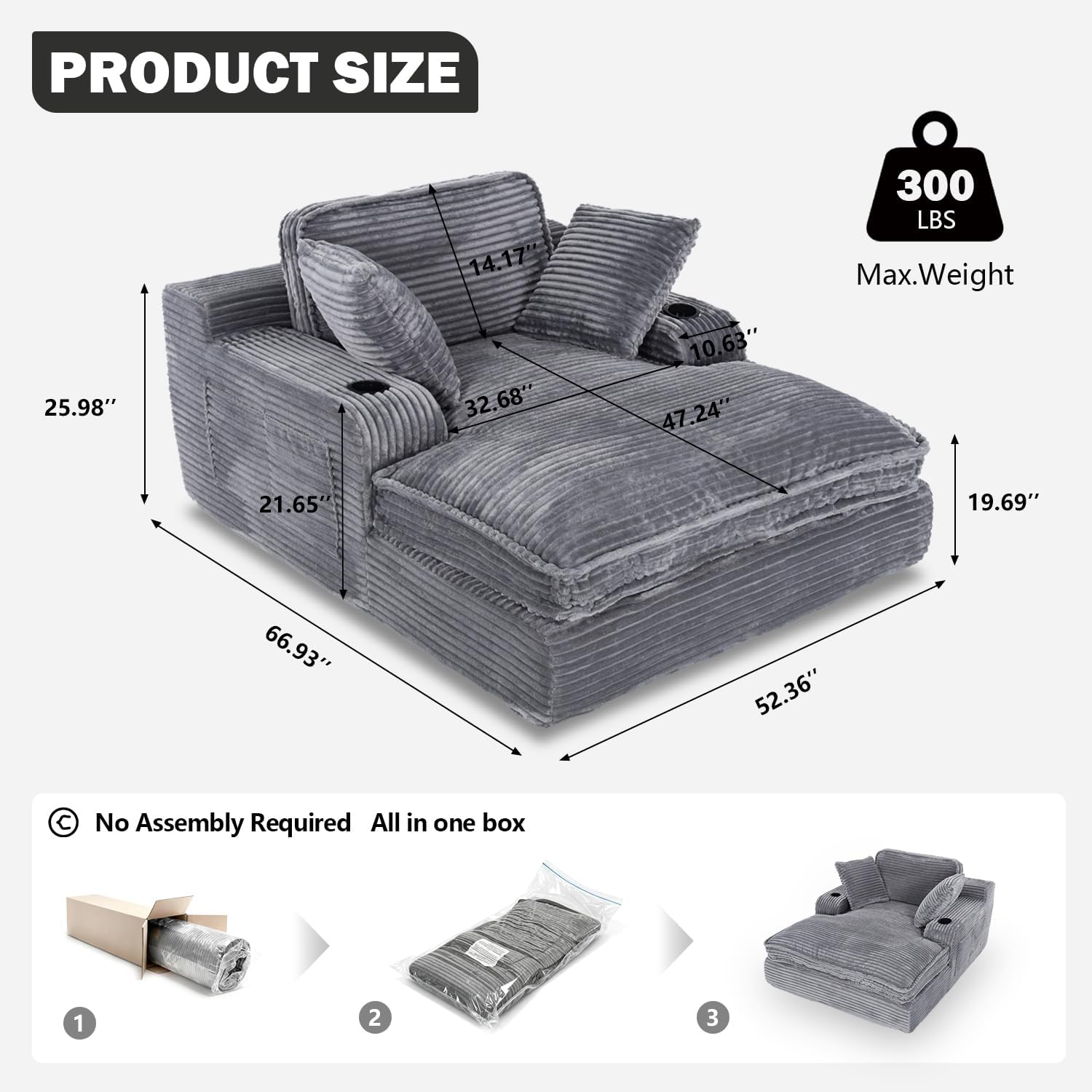 67' Oversized Chaise Lounge Chair Indoor, Soft Boneless Cloud Couch with 3 Pillows, 4 Side Pockets and 2 Cup Holders, Comfy Corduroy Sleeper Couch for Living Room Bedroom