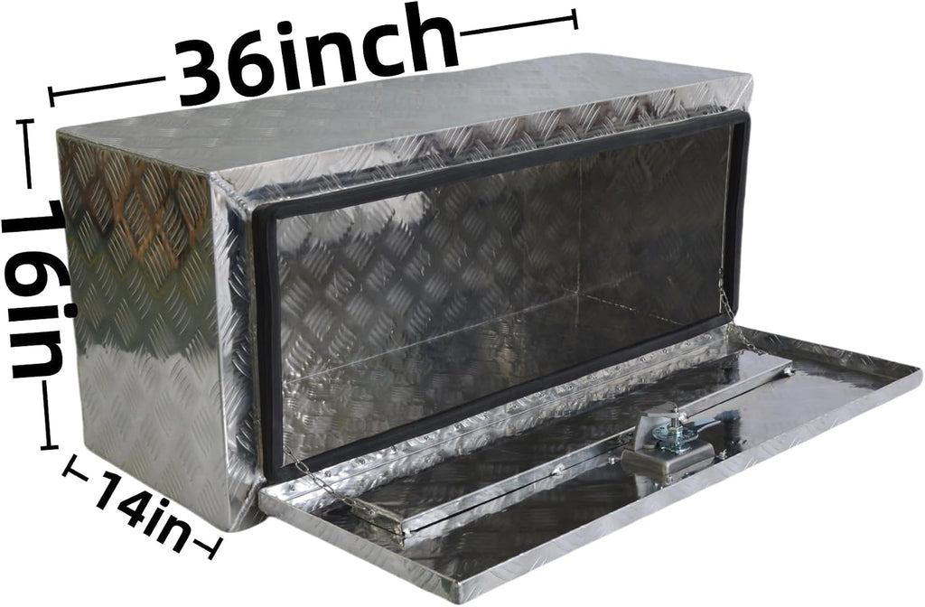 Aluminum Underbody Truck Bed Box 36'×14'×16' Heavy Duty Diamond Plate Toolbox Pickup Storage Boxes with T-Handle Latch and Keys for Storage and Organization Silver