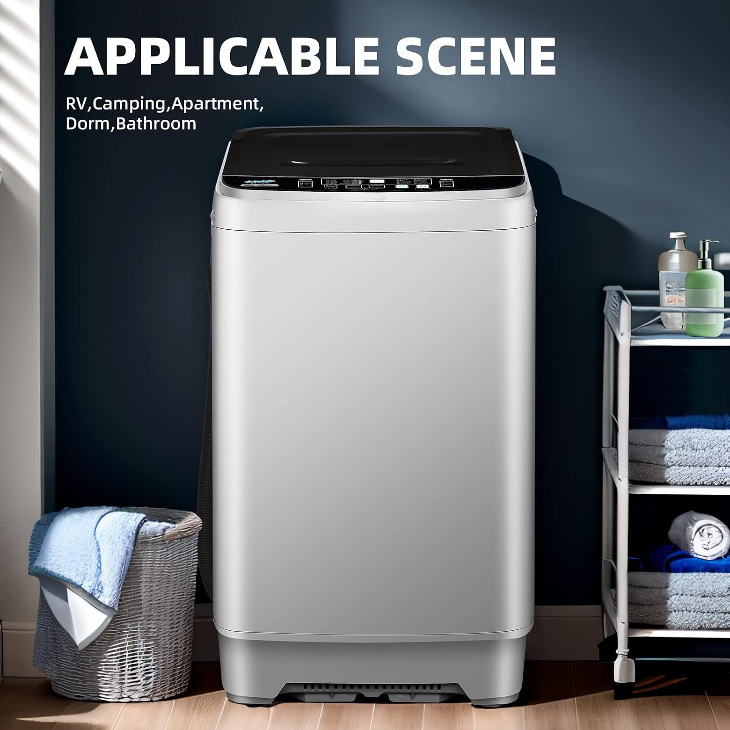 Qhou Full-Automatic Washing Machine, 15.6lbs Capacity Portable Washer, with Drain Pump, LED Display/8 Water Levels Selections/10 Programs Compact Laundry Washer for RV, Camping, Apartment, Dorm（Grey）