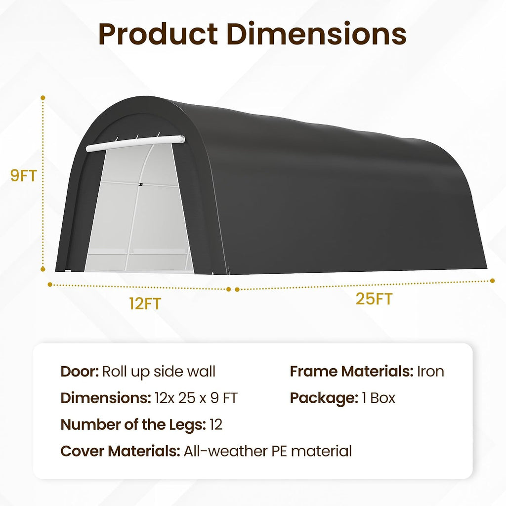 FansaFurn Carport, 12'x25' Outdoor Round Portable Garage with 2 Roll up Doors, Heavy Duty Storage Shelter Car Canopy Party Tent, Dark Gray